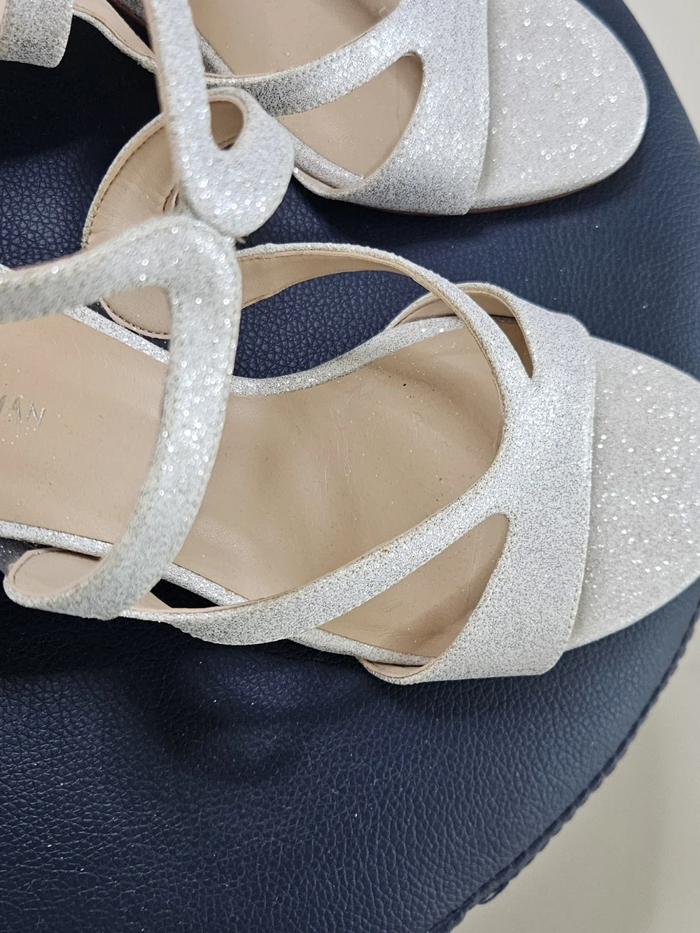 Stuart Weitzman Silver Glitter Strappy Sandals, Size 8